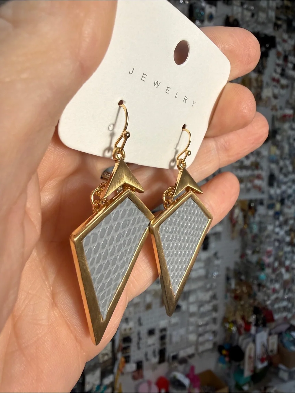 Gold-Tone Geometric Drop Earrings with Gray Inlay